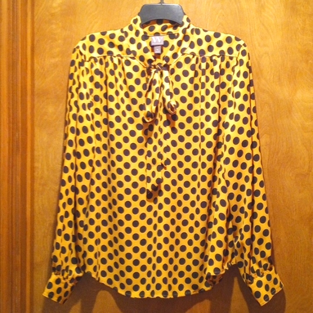 Worthington XL Long Sleeve Goldenrod Polka Dot Blouse With Neckties